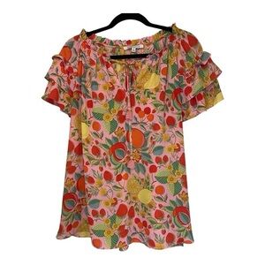 Rose & Olive Vibrant Floral Ruffle Blouse - Pink, Red, Yellow